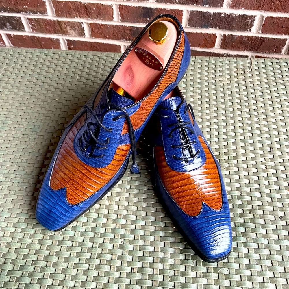 Mezlan 2-Tone (Jeans Blue & Camel) Genuine Lizard Shoes. Size 10
